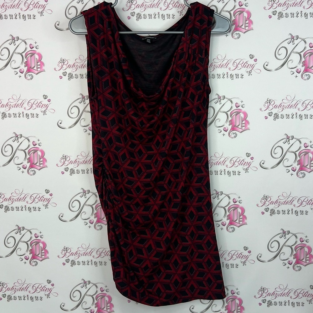 Le Chateau dress scoop neck cowl geometric Black and Red Patterned Mini Dress